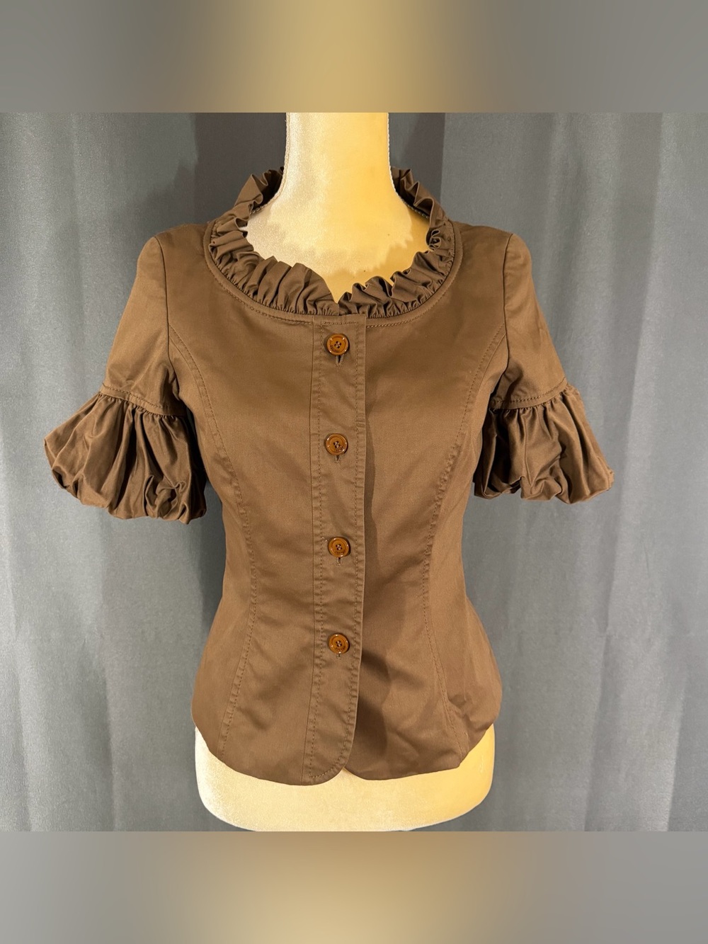 Escada Brown Ruffle Trim Puff Sleeve Cotton Jacket blouse size 34 / US XS